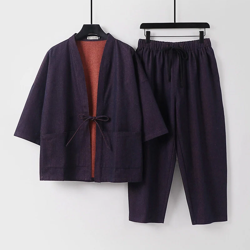 Unisex Lässiges Denim-Kimono-Set mit kurzarm Jacke, Bindeband und elastischer Bundhose Drune