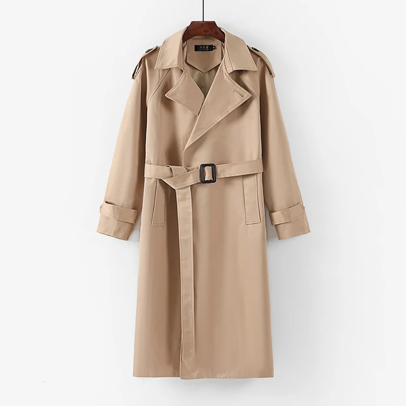 Unisex Langer minimalistischer Trenchcoat mit Gürtel und Schulterklappen Drune