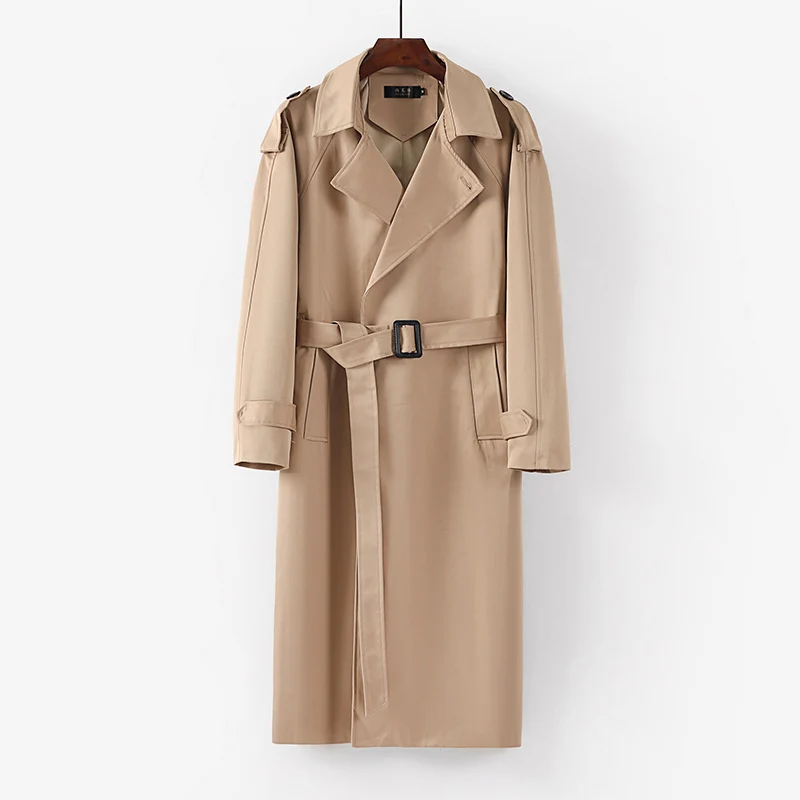 Unisex Langer minimalistischer Trenchcoat mit Gürtel und Schulterklappen Drune