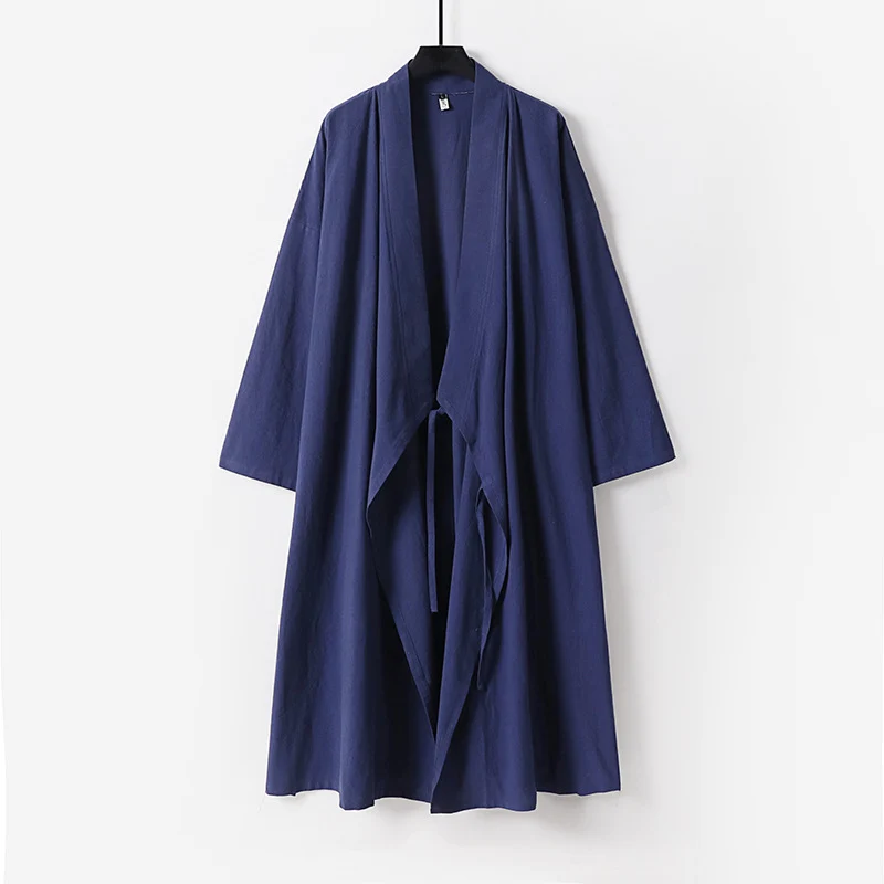 Unisex Langer Kimono-Mantel aus leichtem Baumwollmix mit drapierter Front und Bindeschlaufe Drune