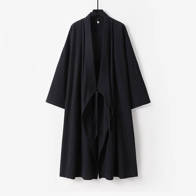 Unisex Langer Kimono-Mantel aus leichtem Baumwollmix mit drapierter Front und Bindeschlaufe Drune