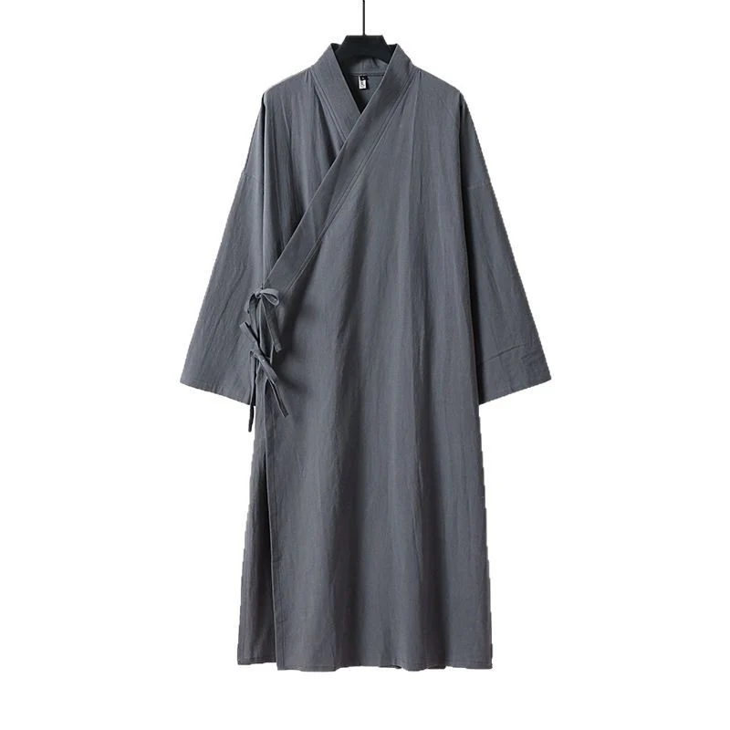 Unisex Langer Kimono-Mantel aus leichtem Baumwollmix mit drapierter Front und Bindeschlaufe Drune