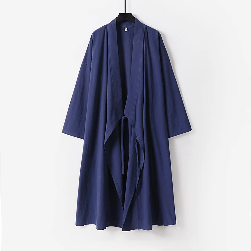 Unisex Langer Kimono-Mantel aus leichtem Baumwollmix mit drapierter Front und Bindeschlaufe Drune