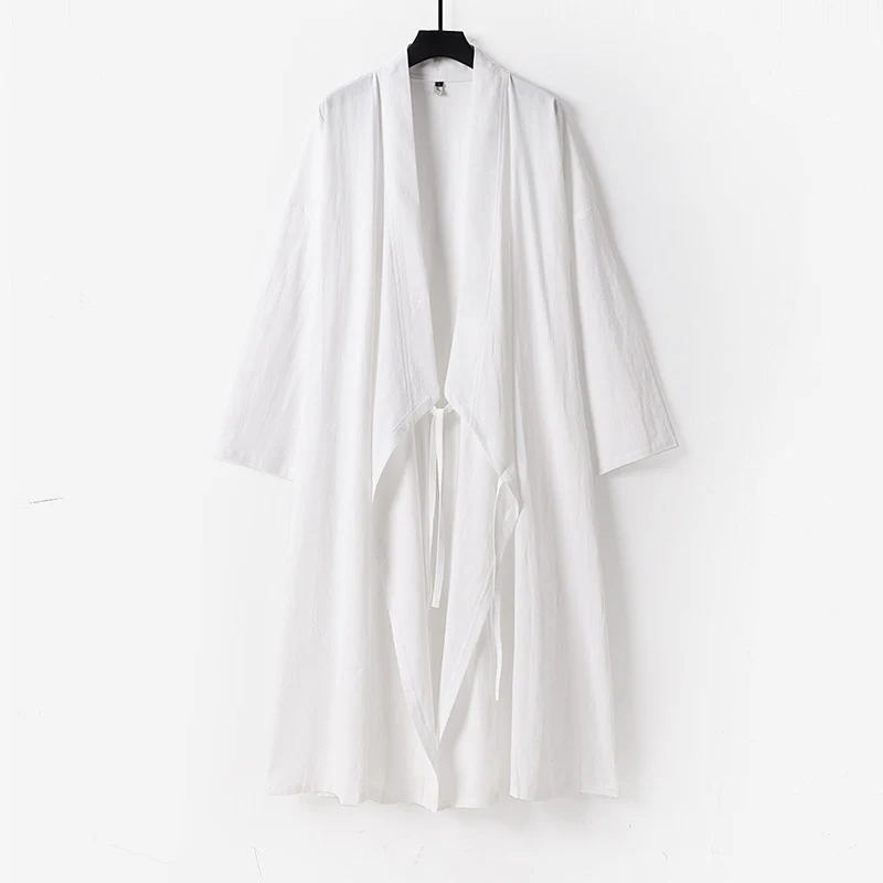 Unisex Langer Kimono-Mantel aus leichtem Baumwollmix mit drapierter Front und Bindeschlaufe Drune