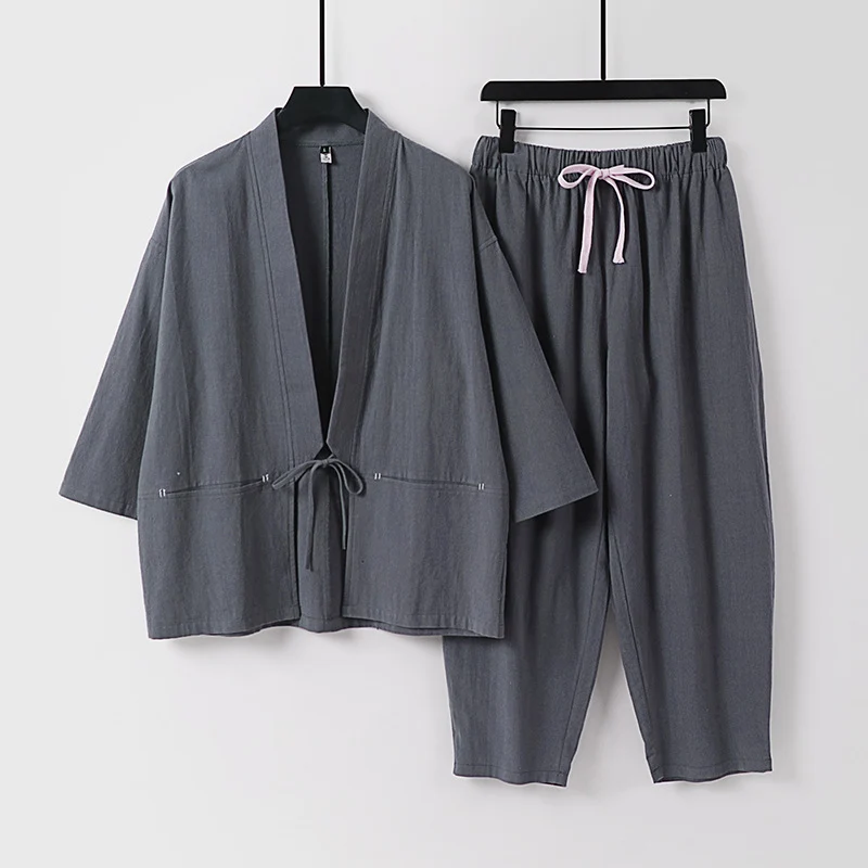 Unisex Kimono-Lounge-Set mit Kurzjacke und elastischer Kordelhose Drune