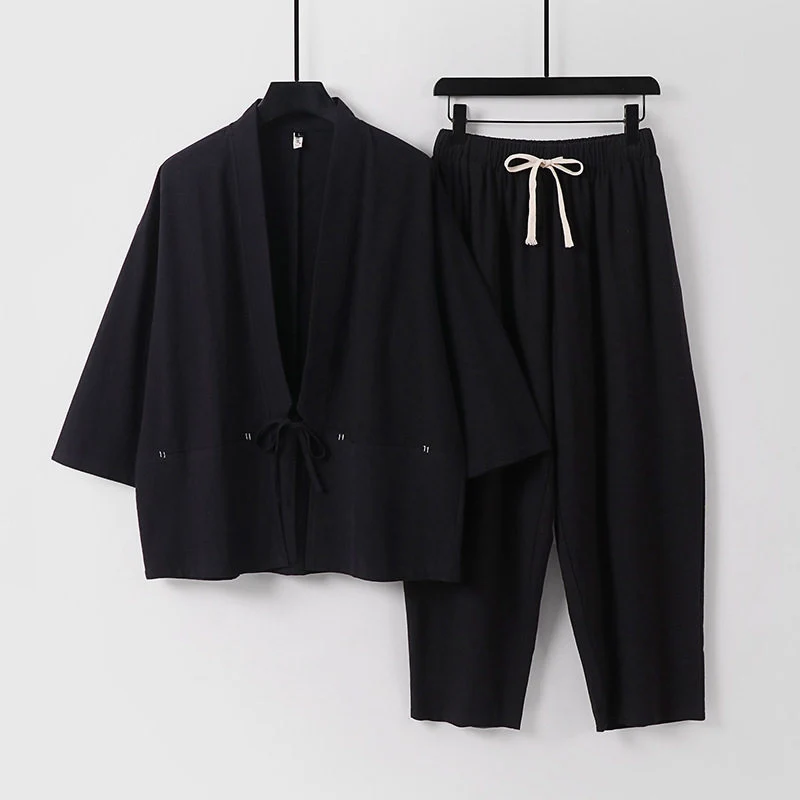 Unisex Kimono-Lounge-Set mit Kurzjacke und elastischer Kordelhose Drune