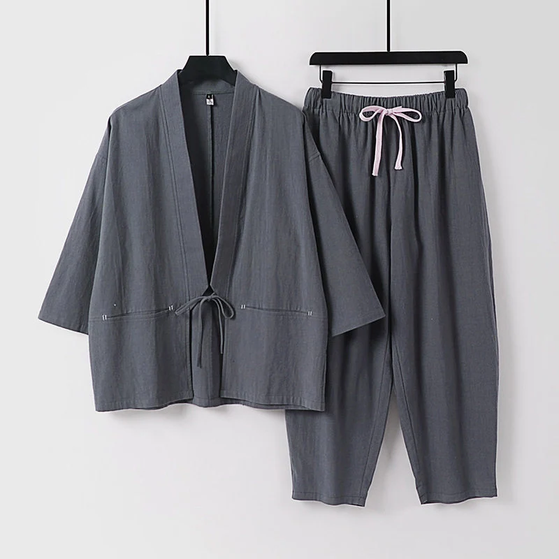 Unisex Kimono-Lounge-Set mit Kurzjacke und elastischer Kordelhose Drune