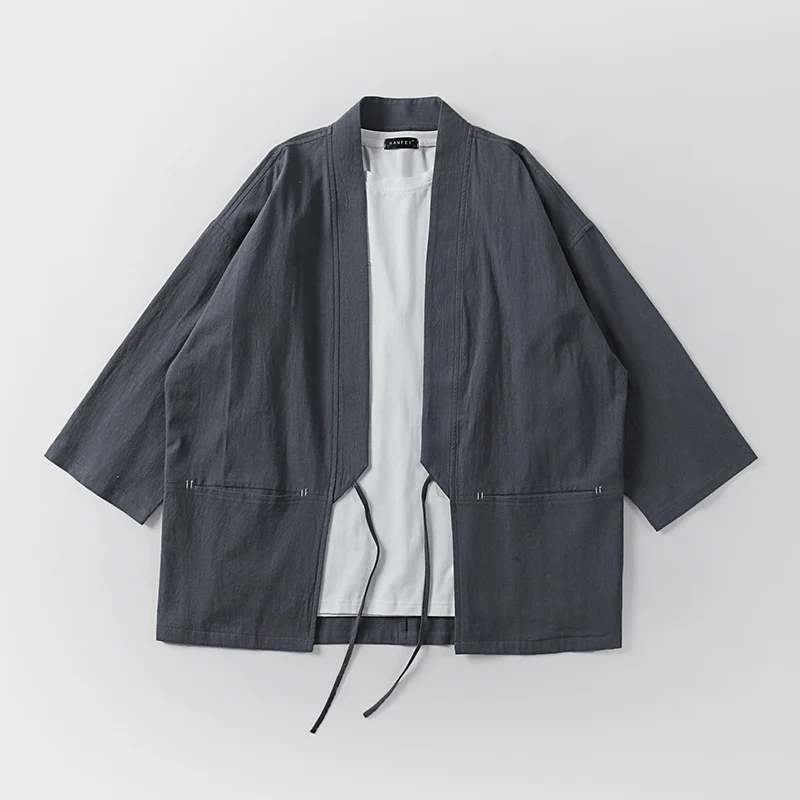 Unisex Kimono-Haori-Jacke mit Bindegürtel und dreiviertelärmeln Drune