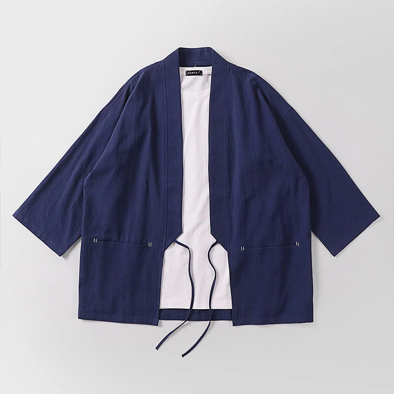 Unisex Kimono-Haori-Jacke mit Bindegürtel und dreiviertelärmeln Drune