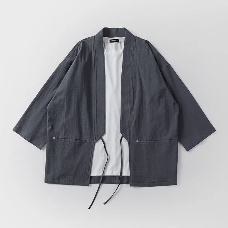Unisex Kimono-Haori-Jacke mit Bindegürtel und dreiviertelärmeln Drune