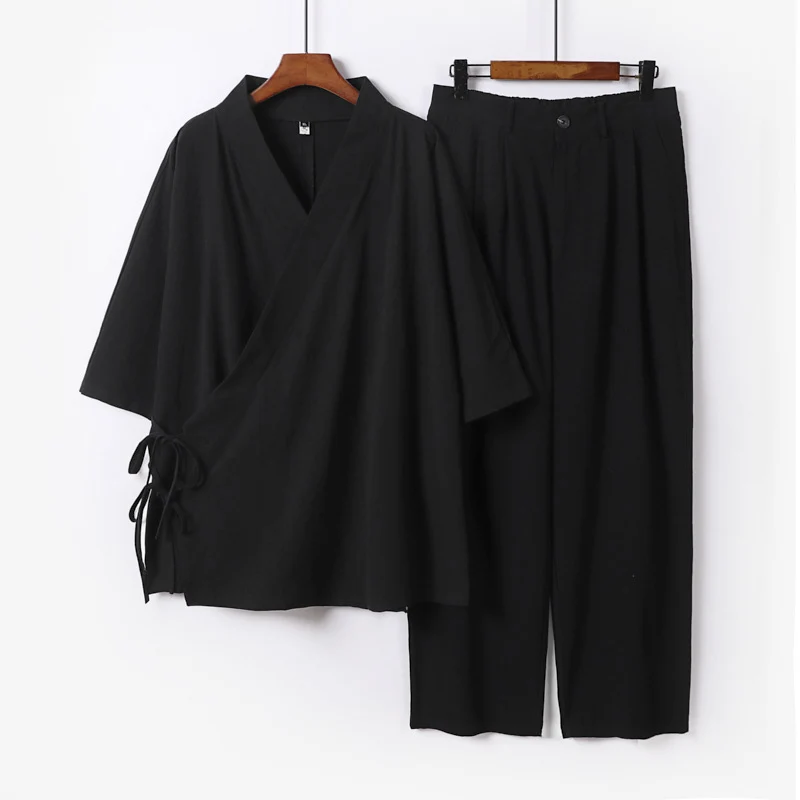 Unisex Kimono-Freizeit-Set mit Wickeloberteil und elastischer Bundhose Drune