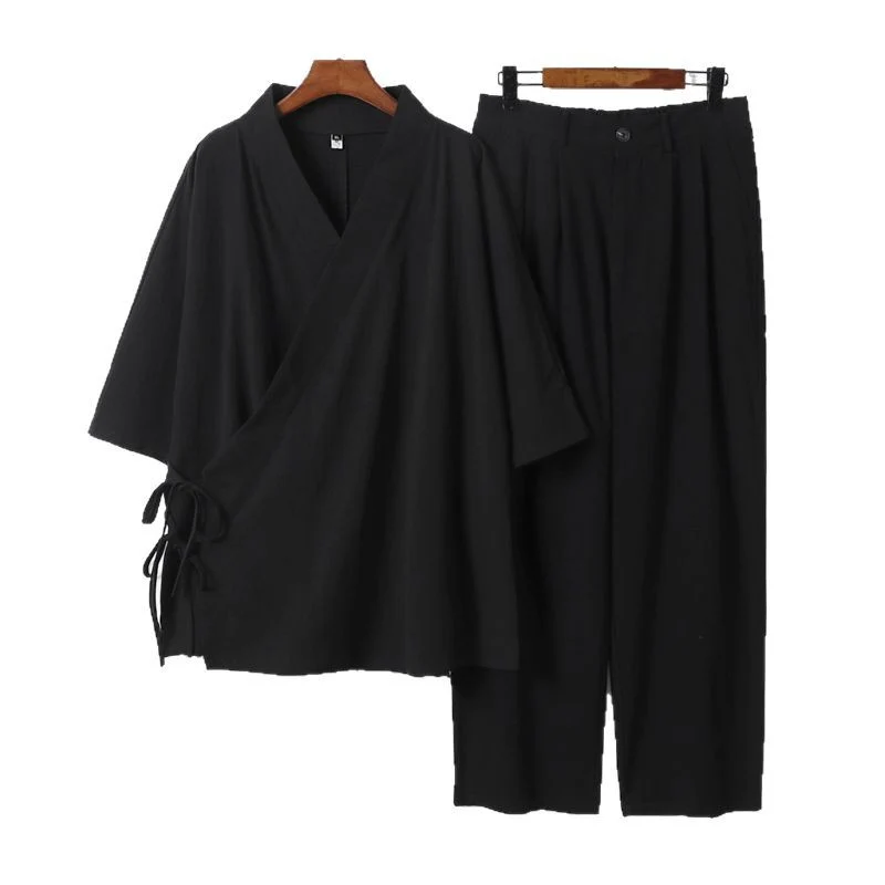Unisex Kimono-Freizeit-Set mit Wickeloberteil und elastischer Bundhose Drune
