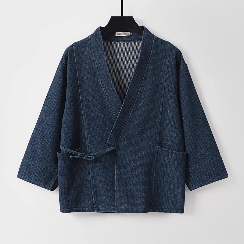 Unisex Jeans-Kimono-Jacke mit Bindegürtel und aufgesetzten Taschen Drune