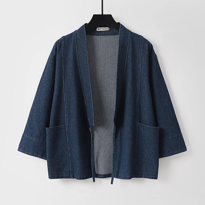 Unisex Jeans-Kimono-Jacke mit Bindegürtel und aufgesetzten Taschen Drune