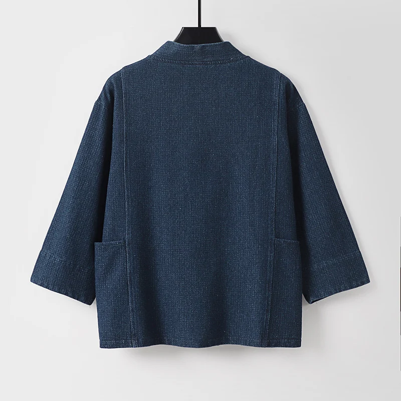 Unisex Jeans-Kimono-Jacke mit Bindegürtel und aufgesetzten Taschen Drune
