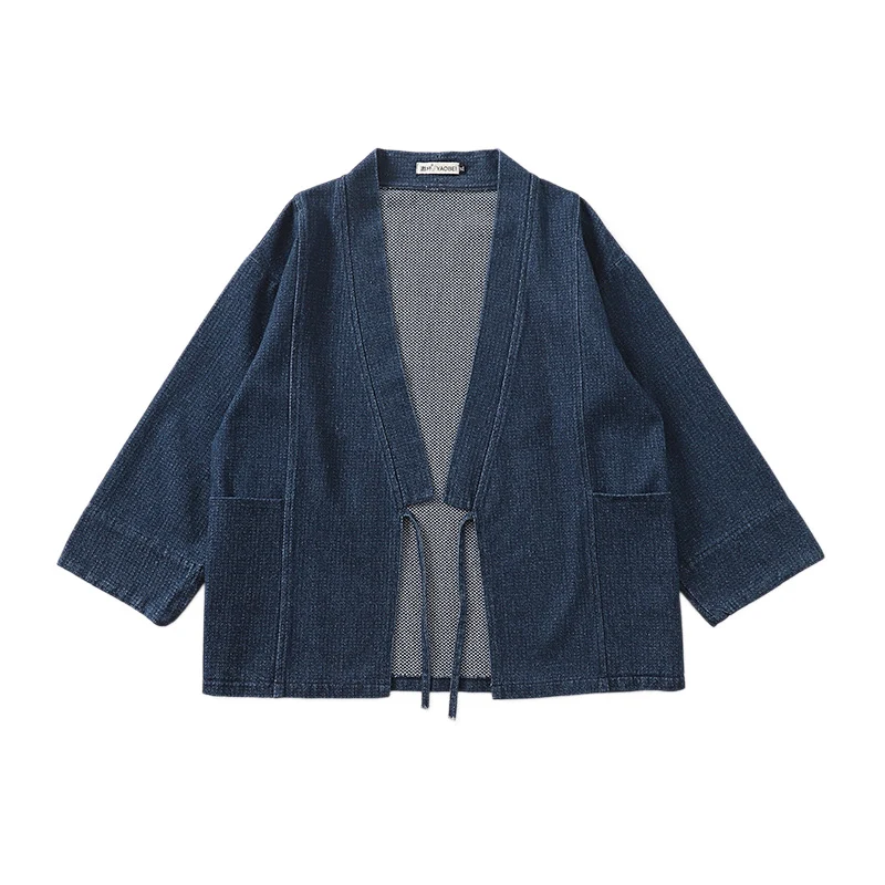 Unisex Jeans-Kimono-Jacke mit Bindegürtel und aufgesetzten Taschen Drune