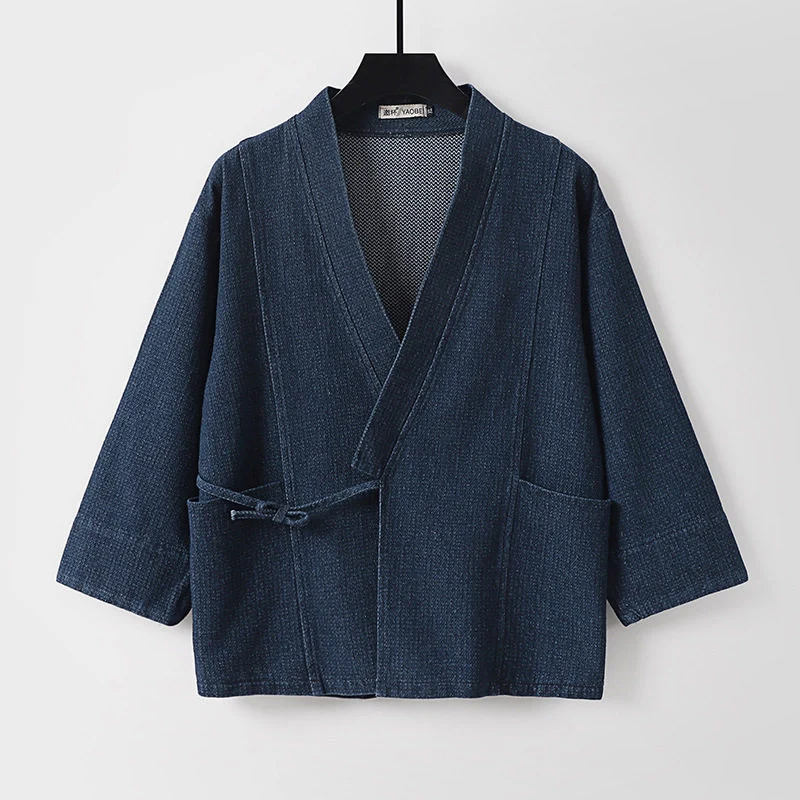 Unisex Jeans-Kimono-Jacke mit Bindegürtel und aufgesetzten Taschen Drune