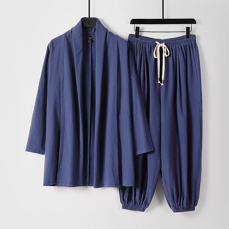 Unisex Entspanntes Kimono-Zweiteiler aus Baumwollmusselin mit Schalkragenjacke und geraffter Knöchelhose Drune