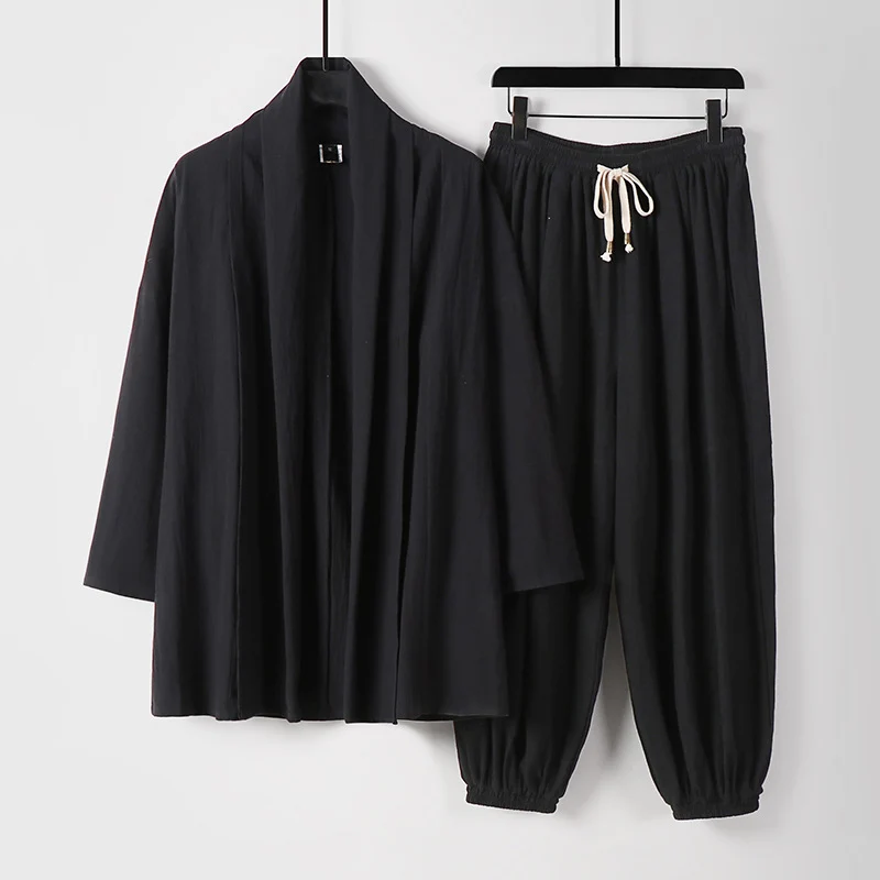 Unisex Entspanntes Kimono-Zweiteiler aus Baumwollmusselin mit Schalkragenjacke und geraffter Knöchelhose Drune