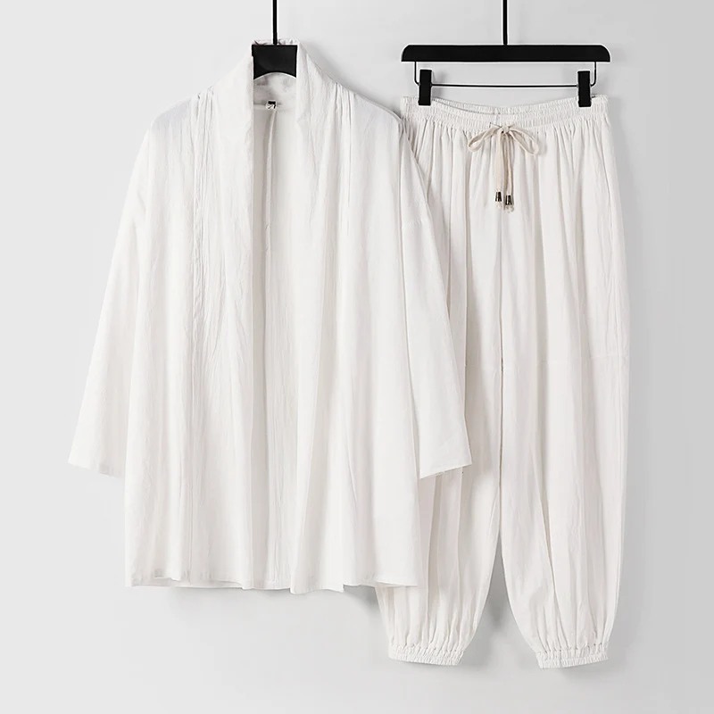 Unisex Entspanntes Kimono-Zweiteiler aus Baumwollmusselin mit Schalkragenjacke und geraffter Knöchelhose Drune