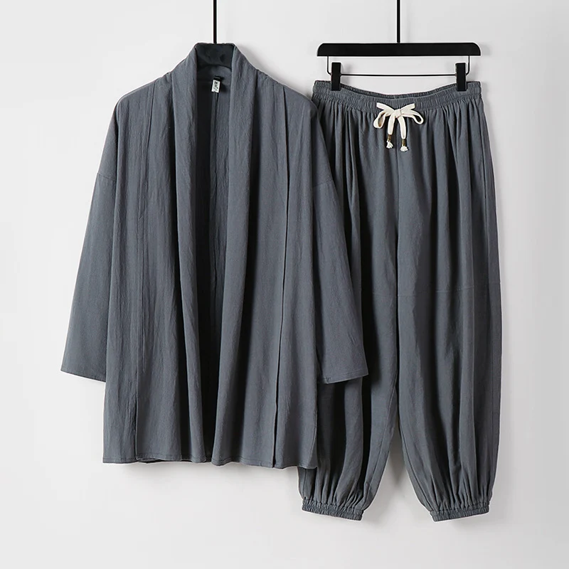 Unisex Entspanntes Kimono-Zweiteiler aus Baumwollmusselin mit Schalkragenjacke und geraffter Knöchelhose Drune