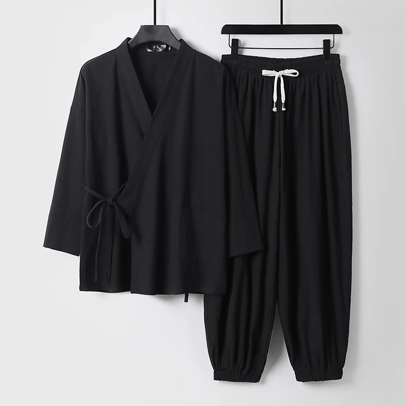 Unisex Entspanntes Kimono-Set mit Wickeljacke, dreiviertelärmeln und elastischer Kordelharemshose Drune