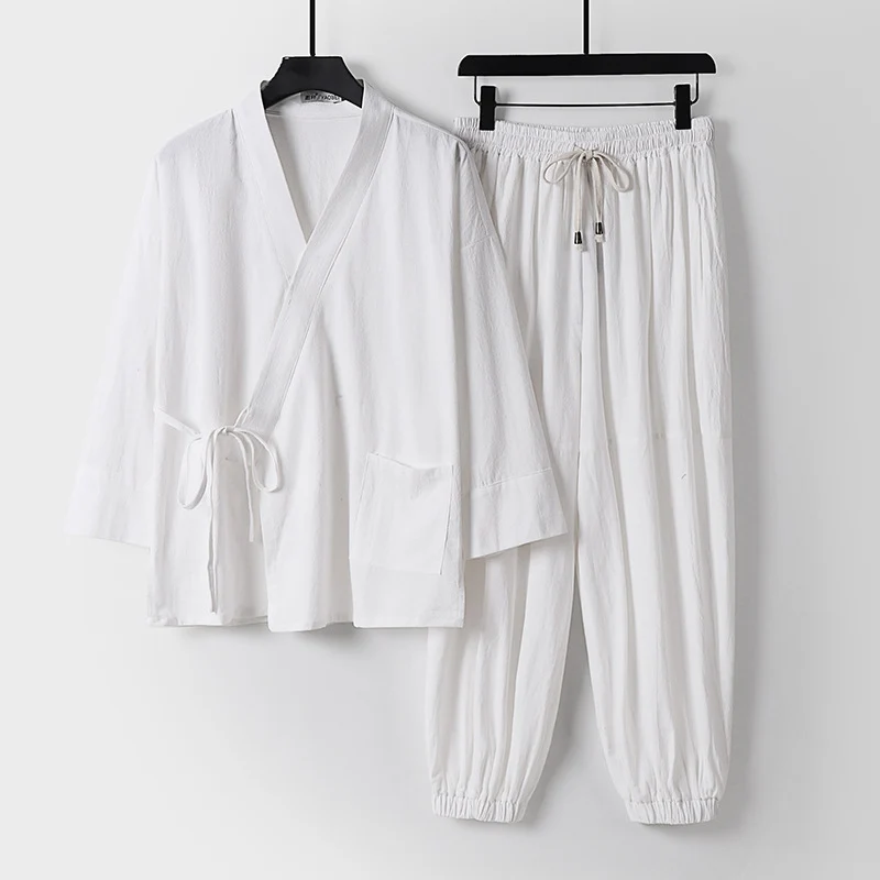 Unisex Entspanntes Kimono-Set mit Wickeljacke, dreiviertelärmeln und elastischer Kordelharemshose Drune