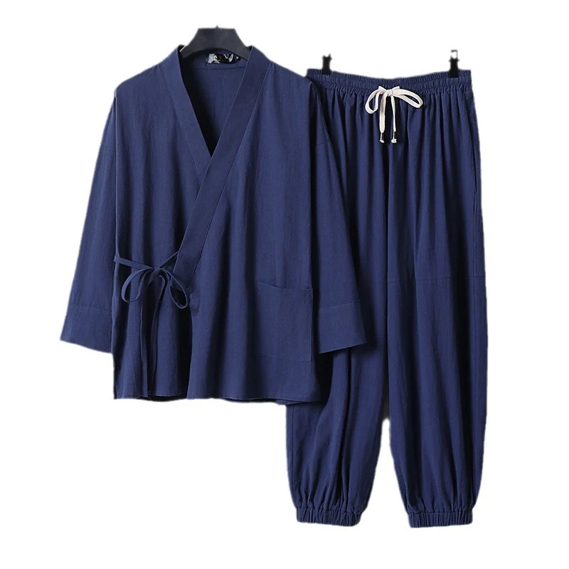 Unisex Entspanntes Kimono-Set mit Wickeljacke, dreiviertelärmeln und elastischer Kordelharemshose Drune