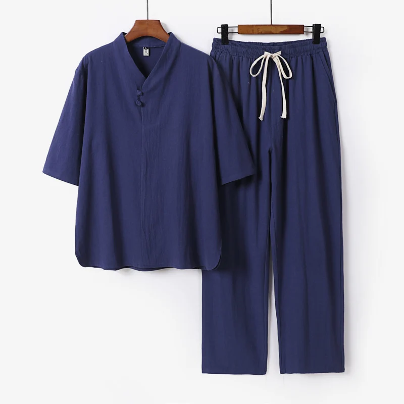 Herren Zweiteiliges Leichtes Loungewear-Set mit Stehkragen-Halbarmshirt und Kordelbund-Hose Drune