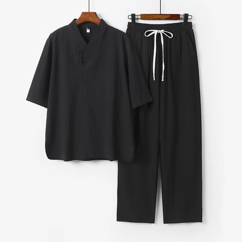 Herren Zweiteiliges Leichtes Loungewear-Set mit Stehkragen-Halbarmshirt und Kordelbund-Hose Drune