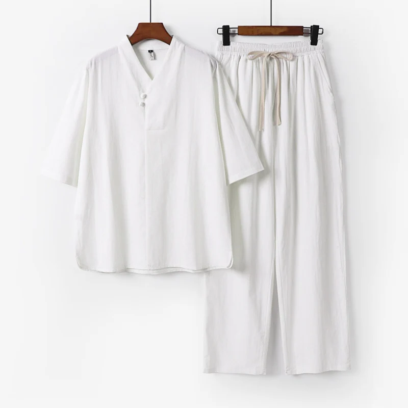 Herren Zweiteiliges Leichtes Loungewear-Set mit Stehkragen-Halbarmshirt und Kordelbund-Hose Drune
