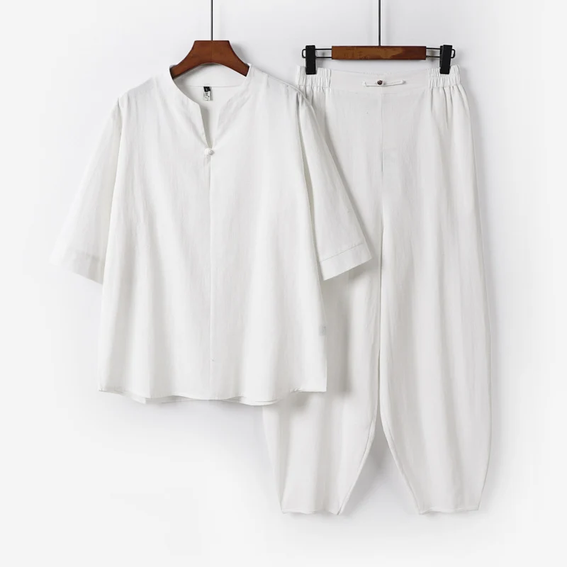 Herren Zweiteiliges Leichtes Leinen-Baumwoll-Set mit Mandarin-Kragen und elastischer Bundhose Drune