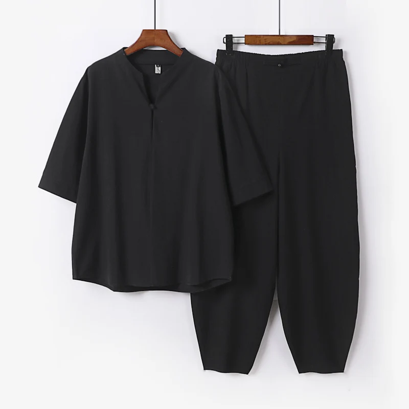 Herren Zweiteiliges Leichtes Leinen-Baumwoll-Set mit Mandarin-Kragen und elastischer Bundhose Drune