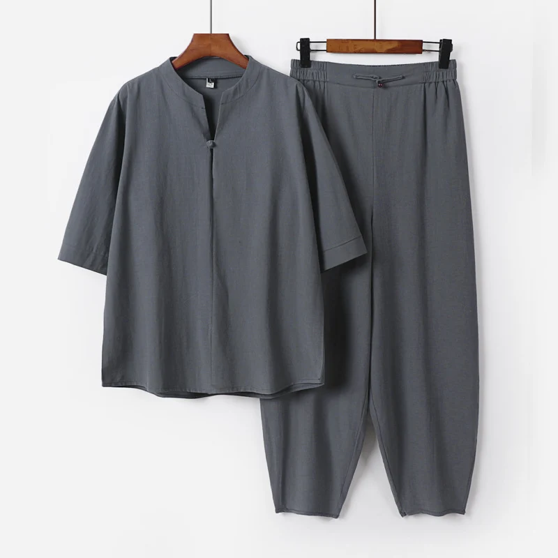 Herren Zweiteiliges Leichtes Leinen-Baumwoll-Set mit Mandarin-Kragen und elastischer Bundhose Drune
