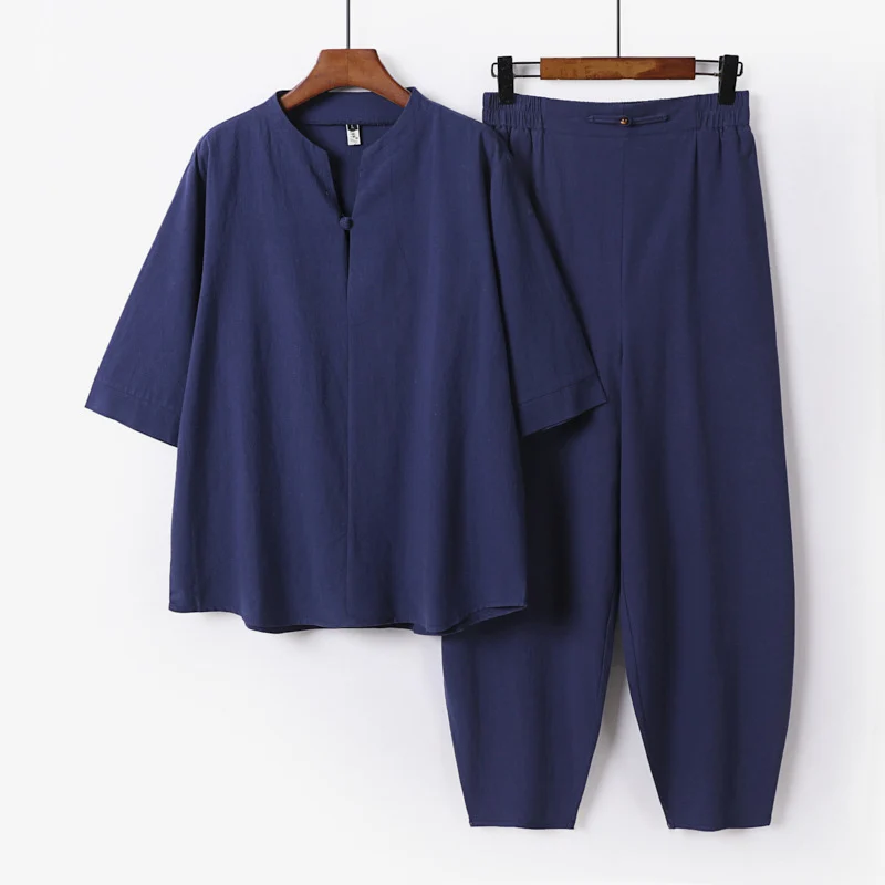 Herren Zweiteiliges Leichtes Leinen-Baumwoll-Set mit Mandarin-Kragen und elastischer Bundhose Drune