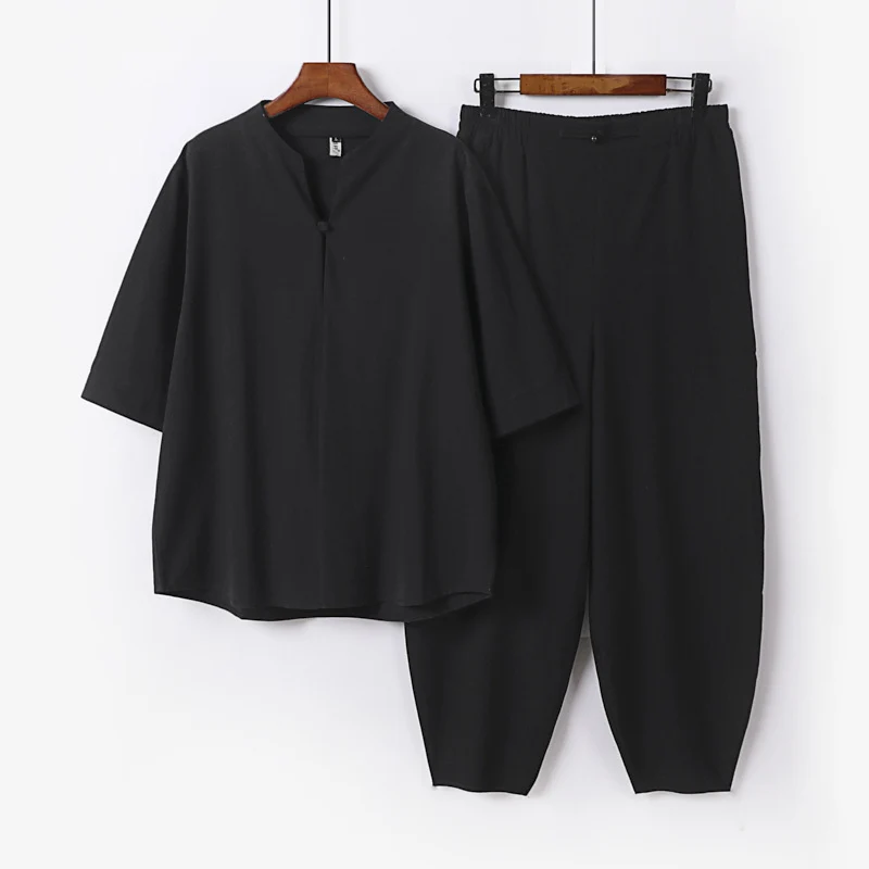 Herren Zweiteiliges Leichtes Leinen-Baumwoll-Set mit Mandarin-Kragen und elastischer Bundhose Drune
