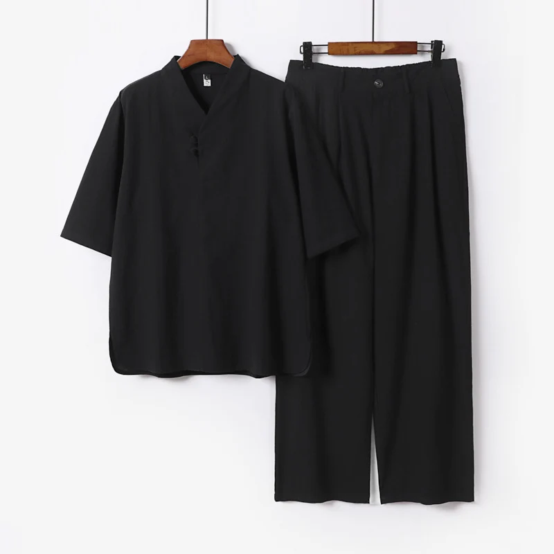 Herren Zweiteiliges Leichtes Kimono-Loungewear-Set mit Stehkragen Knotenverschluss Kurzarm und weiter Bundhose Drune