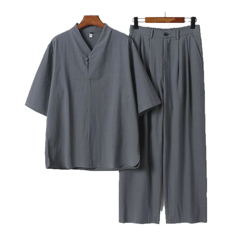 Herren Zweiteiliges Leichtes Kimono-Loungewear-Set mit Stehkragen Knotenverschluss Kurzarm und weiter Bundhose Drune