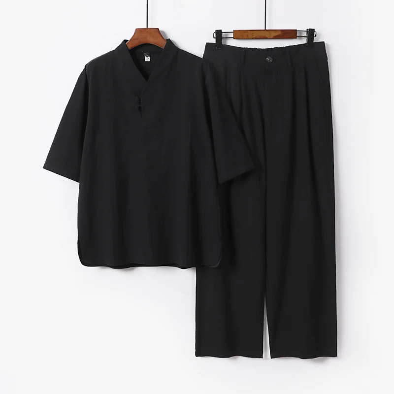 Herren Zweiteiliges Leichtes Kimono-Loungewear-Set mit Stehkragen Knotenverschluss Kurzarm und weiter Bundhose Drune