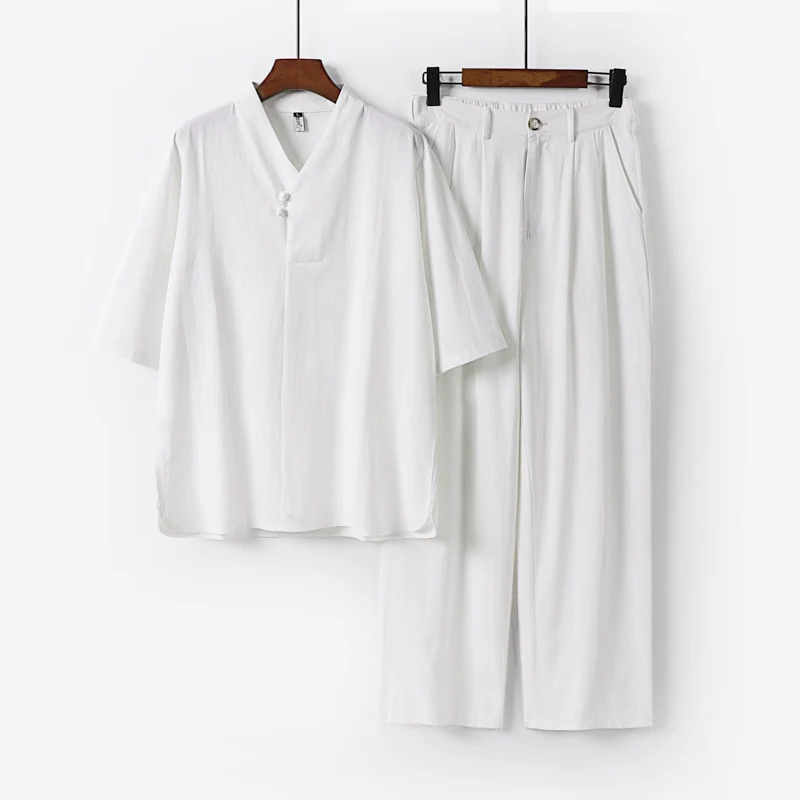 Herren Zweiteiliges Leichtes Kimono-Loungewear-Set mit Stehkragen Knotenverschluss Kurzarm und weiter Bundhose Drune