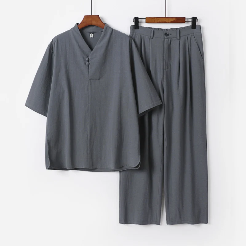Herren Zweiteiliges Leichtes Kimono-Loungewear-Set mit Stehkragen Knotenverschluss Kurzarm und weiter Bundhose Drune
