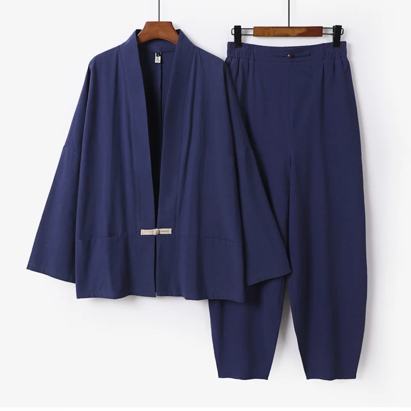 Herren Zen-Relax-Set mit offener Kimono-Jacke, dekorativem Knebelverschluss und tapered Harem-Joggpants Drune