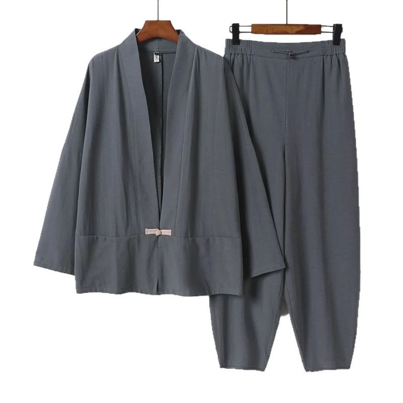 Herren Zen-Relax-Set mit offener Kimono-Jacke, dekorativem Knebelverschluss und tapered Harem-Joggpants Drune