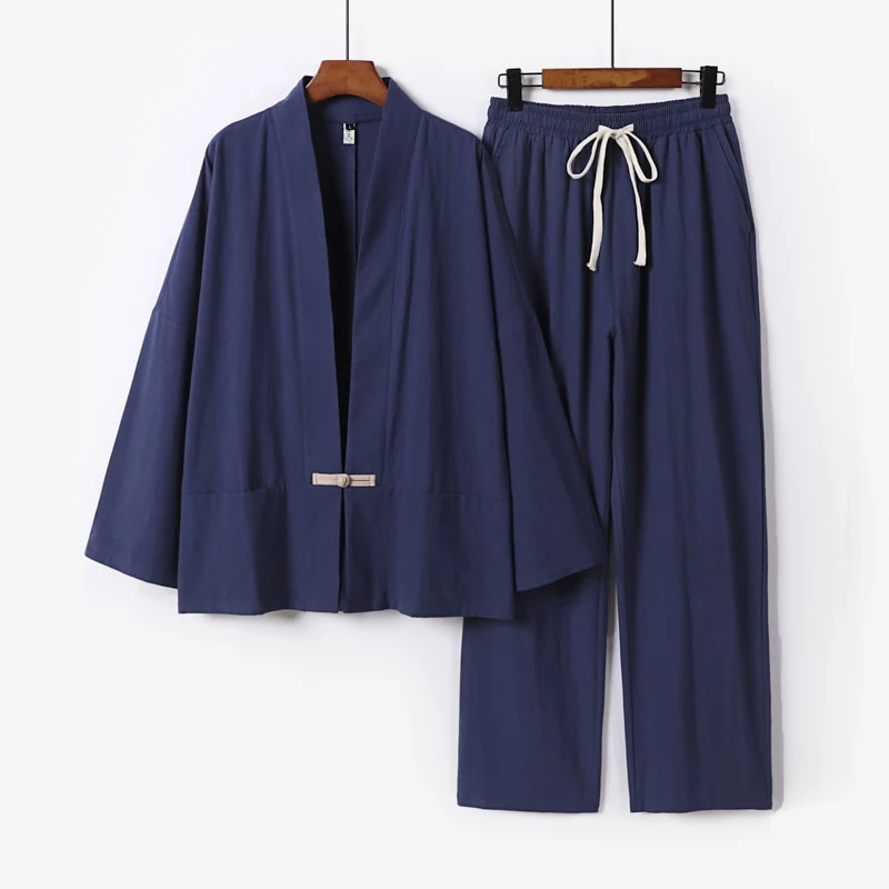 Herren Zen-inspiriertes Kimono-Loungewear-Set aus leichter Baumwollmischung mit offenem Schnitt und Kordelbundhose Drune