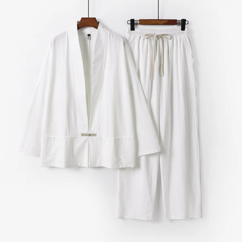 Herren Zen-inspiriertes Kimono-Loungewear-Set aus leichter Baumwollmischung mit offenem Schnitt und Kordelbundhose Drune