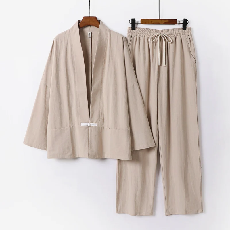 Herren Zen-inspiriertes Kimono-Loungewear-Set aus leichter Baumwollmischung mit offenem Schnitt und Kordelbundhose Drune