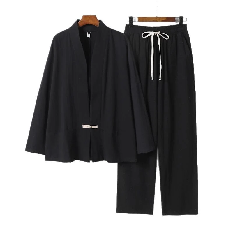 Herren Zen-inspiriertes Kimono-Loungewear-Set aus leichter Baumwollmischung mit offenem Schnitt und Kordelbundhose Drune