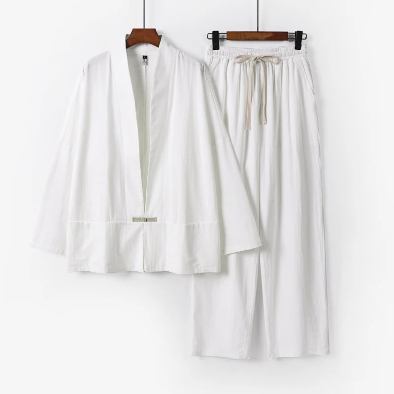 Herren Zen-inspiriertes Kimono-Loungewear-Set aus leichter Baumwollmischung mit offenem Schnitt und Kordelbundhose Drune