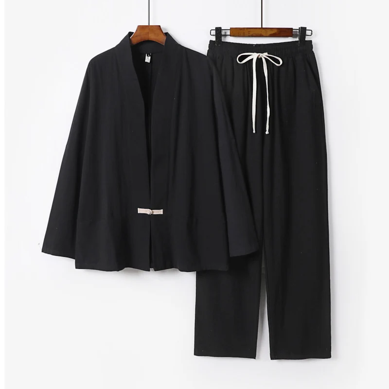 Herren Zen-inspiriertes Kimono-Loungewear-Set aus leichter Baumwollmischung mit offenem Schnitt und Kordelbundhose Drune