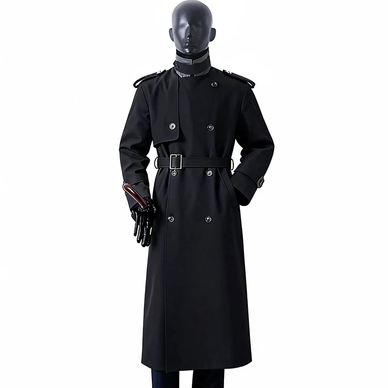 Herren Zeitloser Maxilanger Trenchcoat im Military-Stil mit Sturmklappe und Taillengürtel Drune